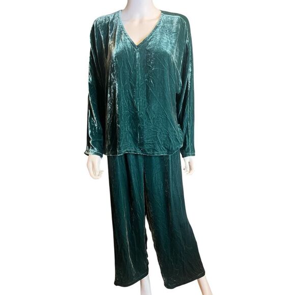 Eileen Fisher Top Pants M/L Green Velvet Set Lagenlook Viscose Silk Medium Large - Picture 2 of 5